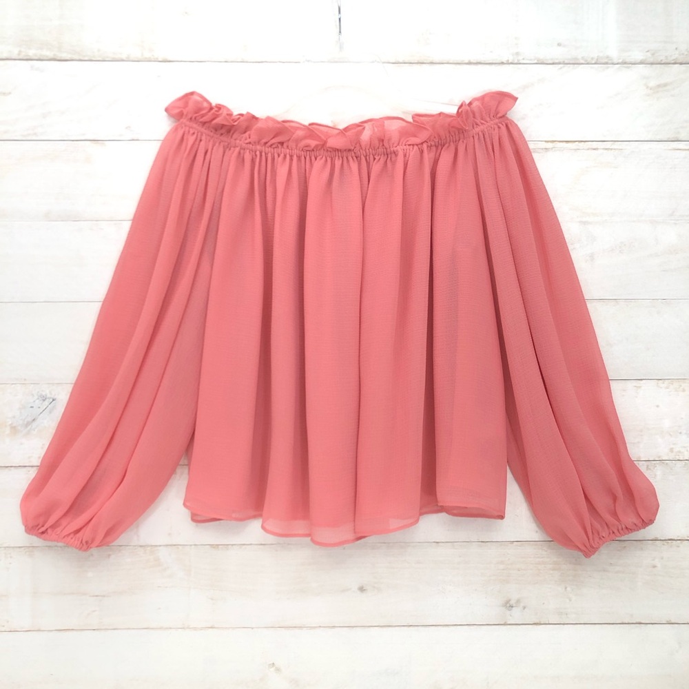 INC International Concepts Sheer Off The Shoulder Blouse • Sz L • Coral Pink EUC - Picture 2 of 10